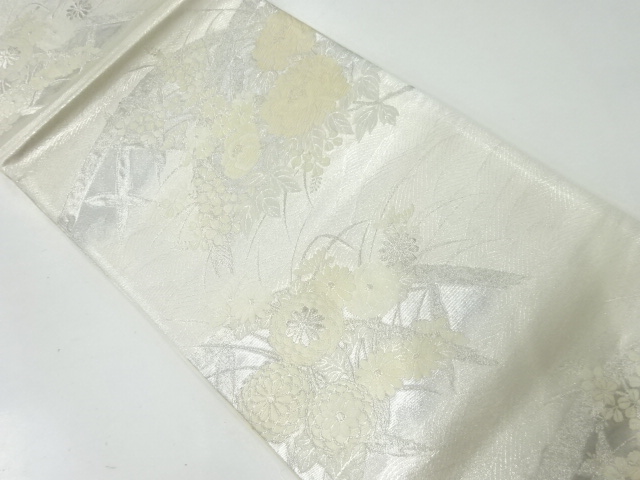 アンティーク　波に光悦垣・牡丹・秋草模様織出し袋帯（材料）